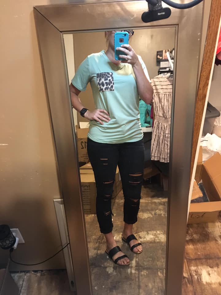 Sage leopard pocket top