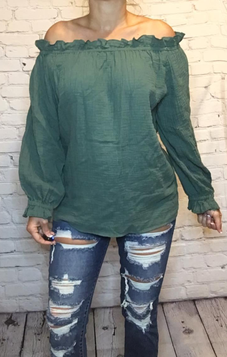 Green Off-the-shoulder Ruffle Top