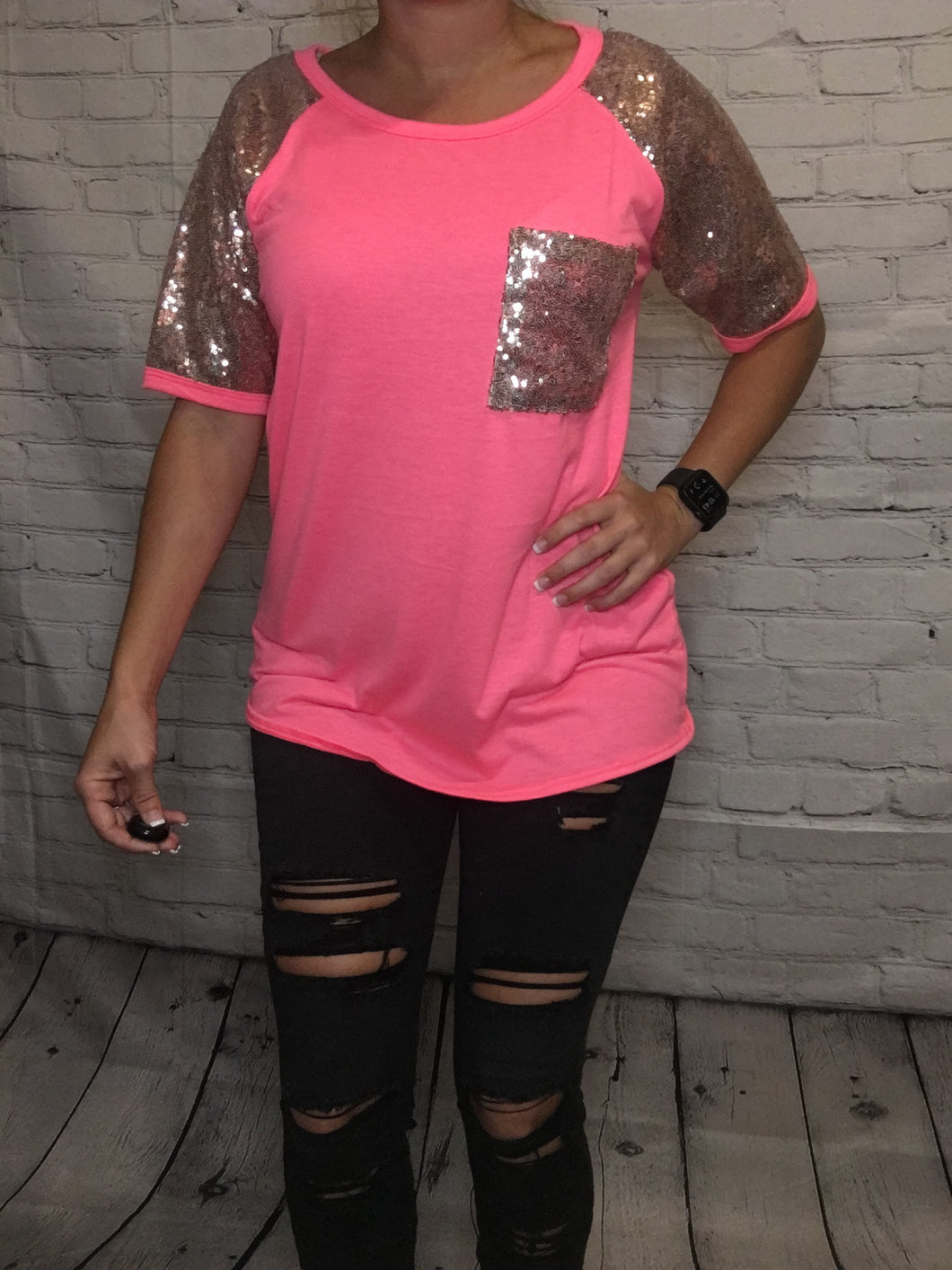 Hot pink & rose gold sequin top